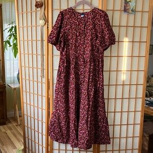 Old Navy Large Maroon With Yellow, Red & Pink Flowers Short-Sleeved Ankle Length